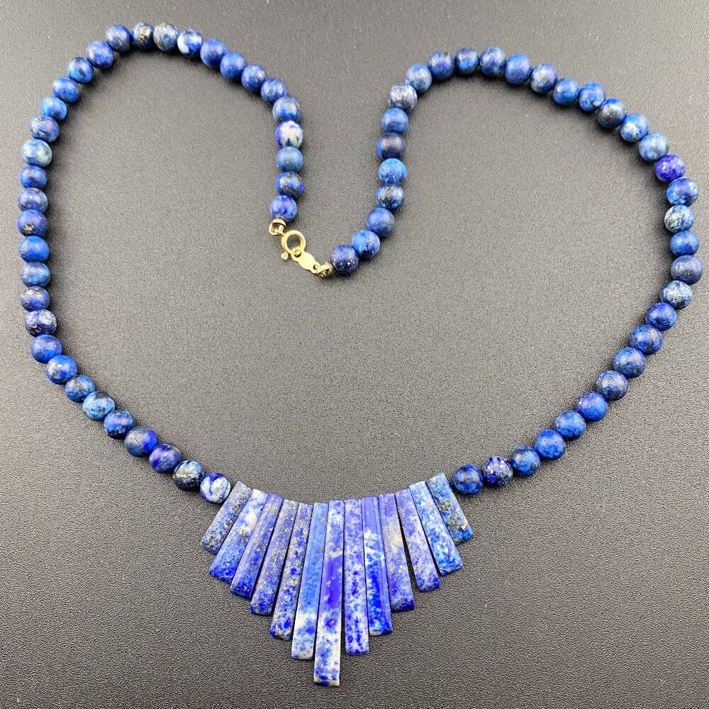 Blue Lapis Lazuli Stone 17" Fan Necklace 14K Y Gold Clasp Vintage Handmade